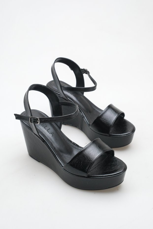 Black Wrinkled Patent Leather Women's Wedge Heeled Platform Sandals with Ankle Buckle Evening Dress Shoes