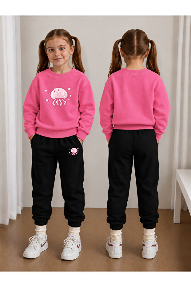 Crew Neck Sweatshirt Tracksuit Set for Girls, 2-Piece Printed Top and Bottom Set