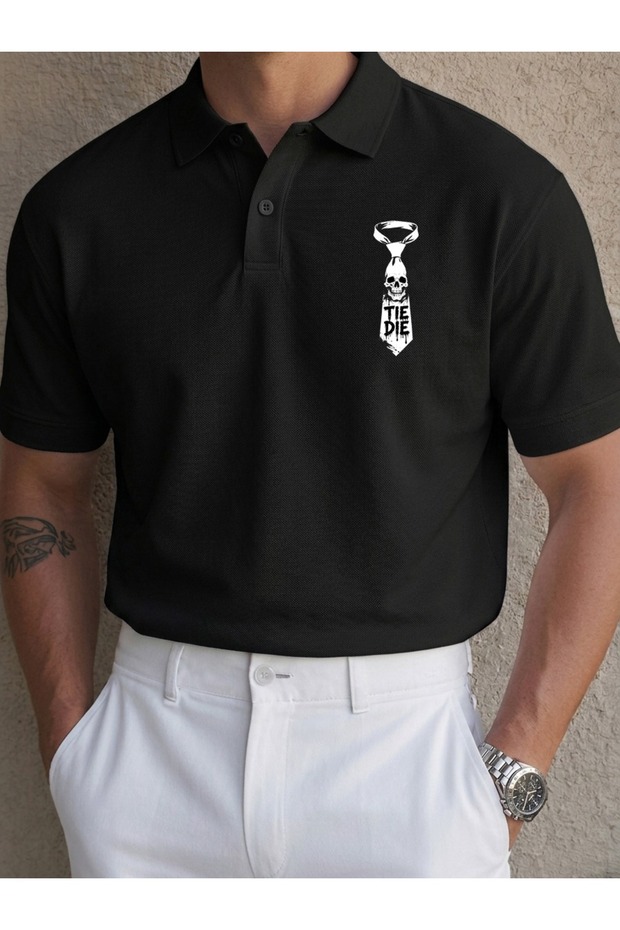 Unisex Tie and Skull Printed Polo Collar Short Sleeve T-Shirt