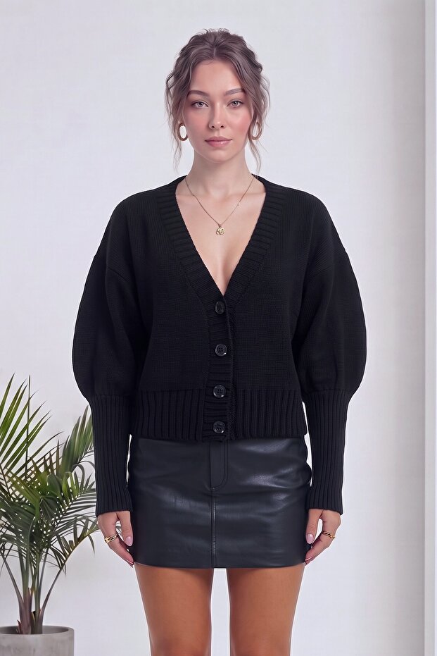 Women's V-Neck Buttoned Balloon Sleeve Knitwear Cardigan Pink, Gray, White, Black