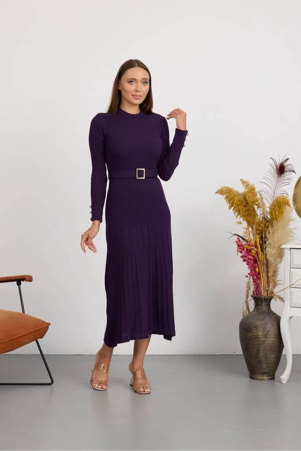 Women's Knitwear Ribbed Belted Crew Neck Long Sleeve Dress