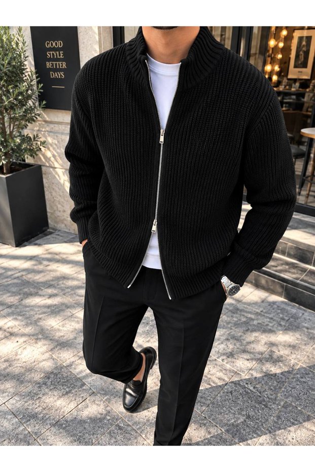 Double Zipper Stand Collar Regular Fit Men's Knitwear Cardigan