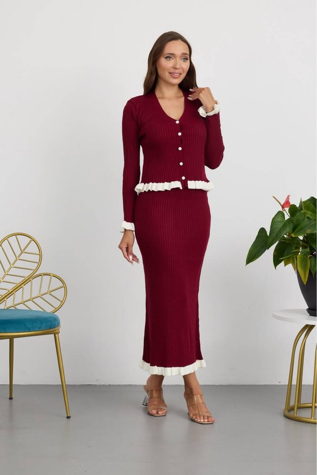 Women's Ribbed Colorful Ruffle Detailed Knitwear Cardigan Double Set