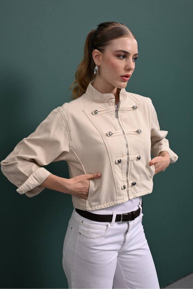 Women's Gabardine Jacket with Stand Collar and Button Detailing in Cotton