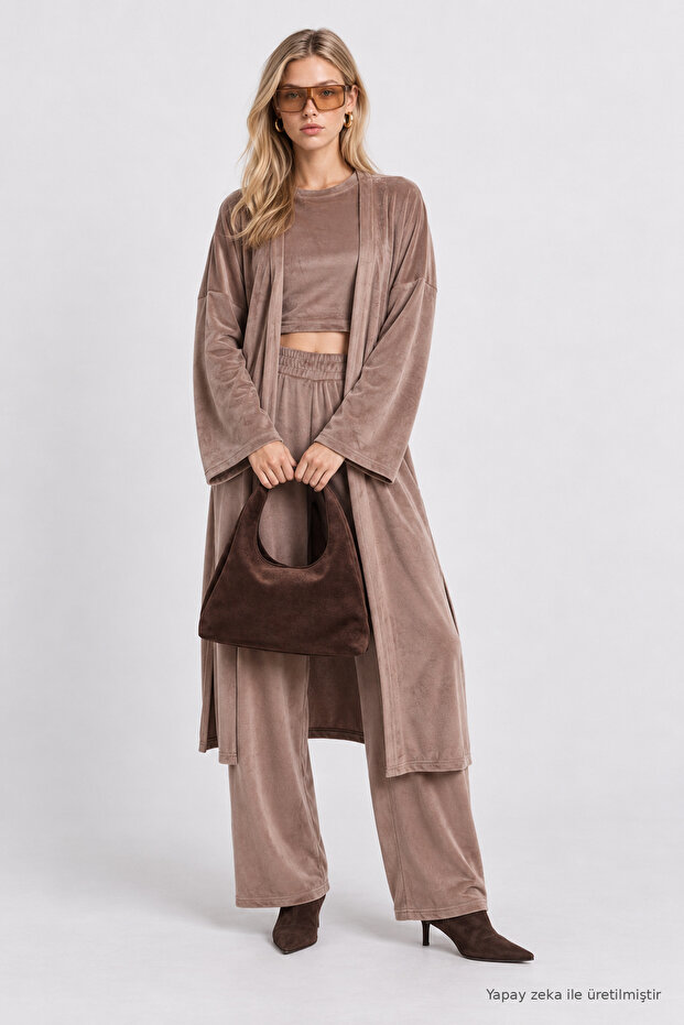 3-Piece Velvet Textured Knitted Top and Bottom Set Lby0093 Vi̇zon