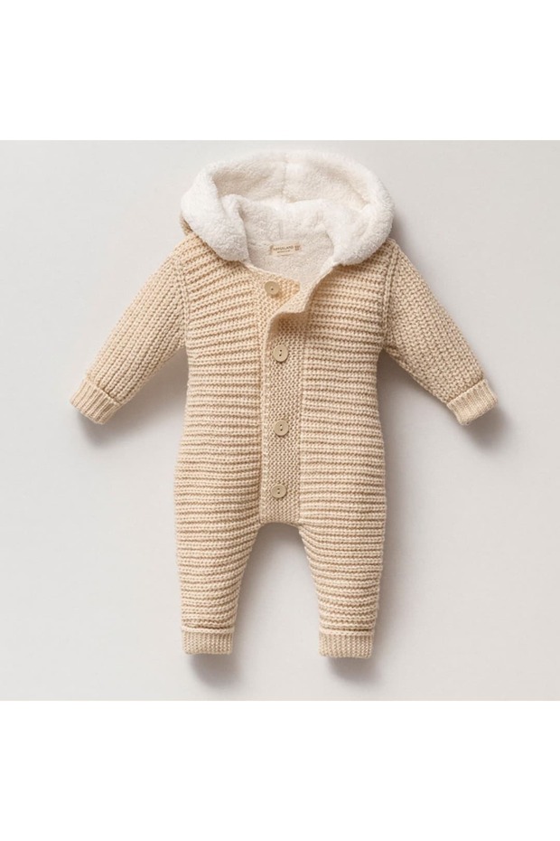 Nipperland Furry Hooded Welsoft Plush Baby Knitwear Jumpsuit - Winter Knitted Jumpsuit with Wooden Buttons