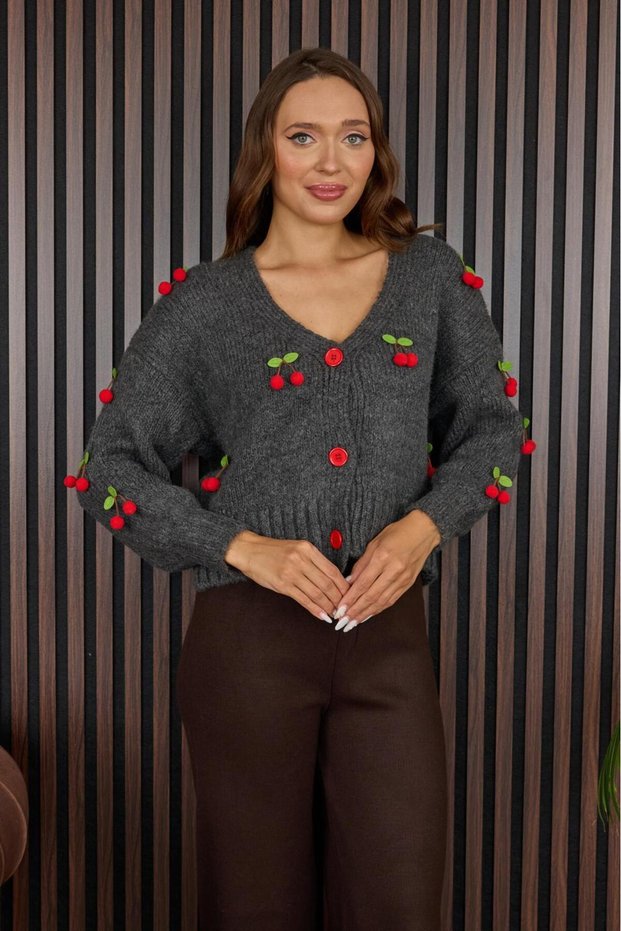 Women's Knitwear Cherry Decorated Stylish Soft Cardigan