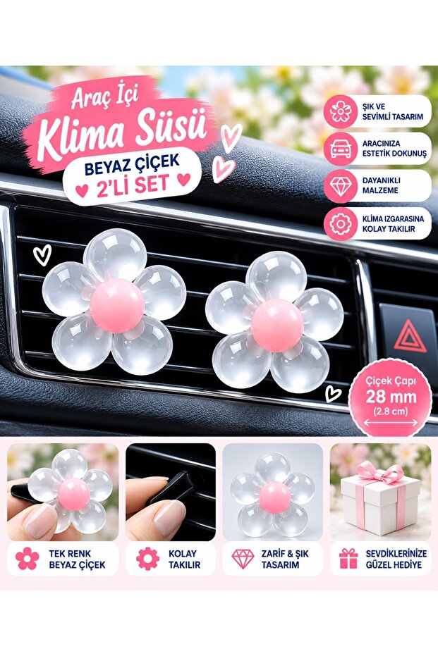 White Flower Set of 2 Car Interior Air Conditioning Ornaments – Decorative Air Vent Ornament with Pink Hub