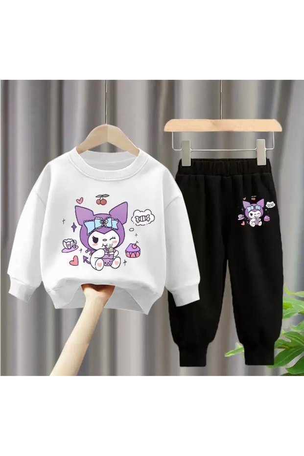 Round Neck Happy Hour Kuromi Printed 100% Cotton 3 Yarn Girls' Tracksuit Set