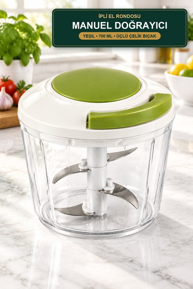 Drawstring Hand Chopper Green 700 ml Manual Chopper with Triple Steel Blades Onion Garlic Chopper