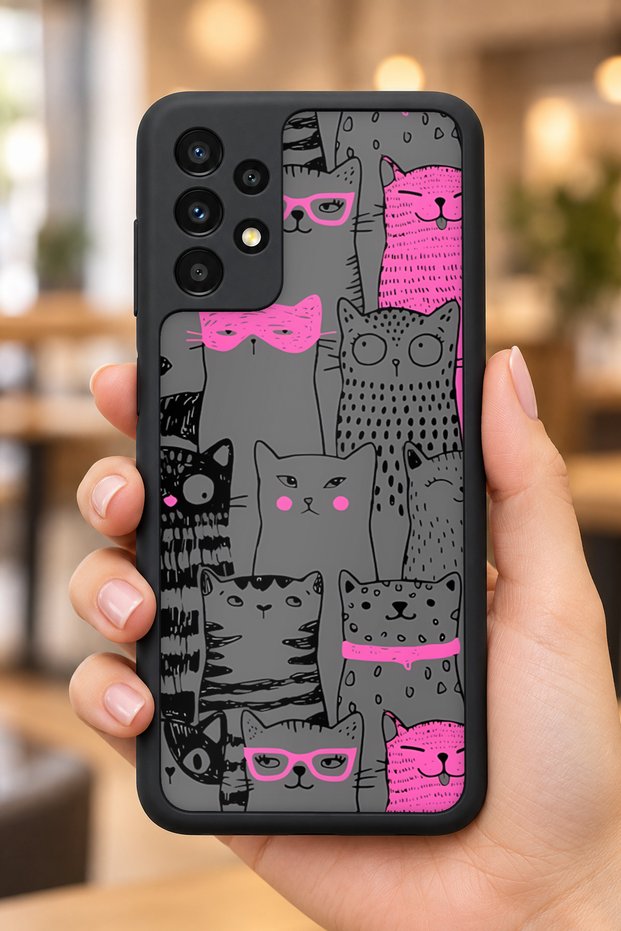 Samsung Galaxy A13 / A23 Compatible Pink Cat Pattern Shockproof Case with Camera Protection