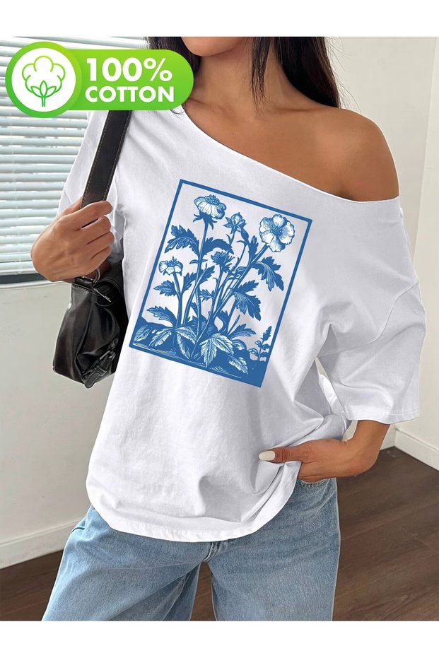 Women's Blue Square Floral Printed Boat Neck Off Shoulder 100% Cotton T-Shirt