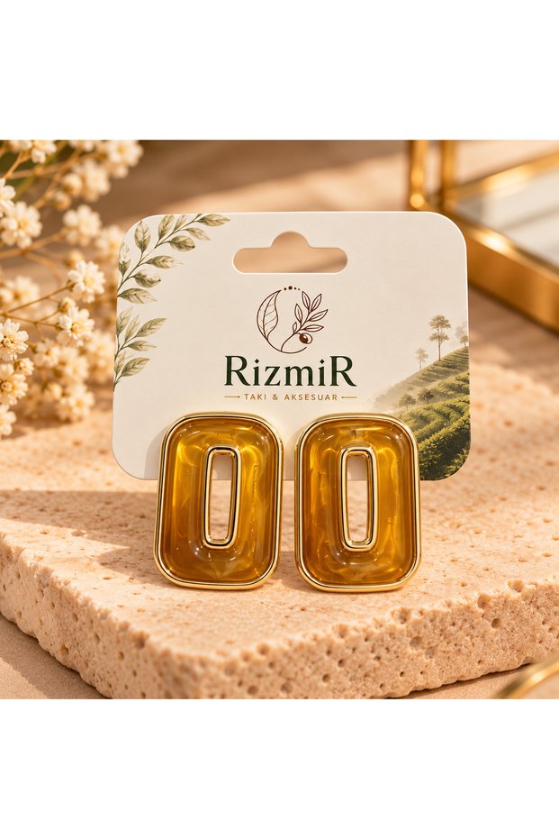 Gold Framed Brown Rectangular Women's Earrings