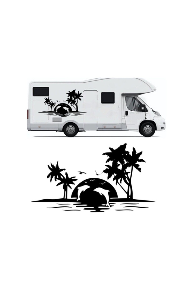 Palm Tree and Dolphins Camping, Caravan Sticker Black 120 cm