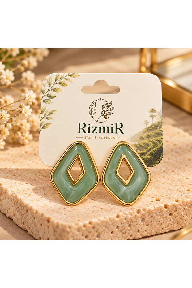 Green Geometric Women's Earrings with Gold Frame