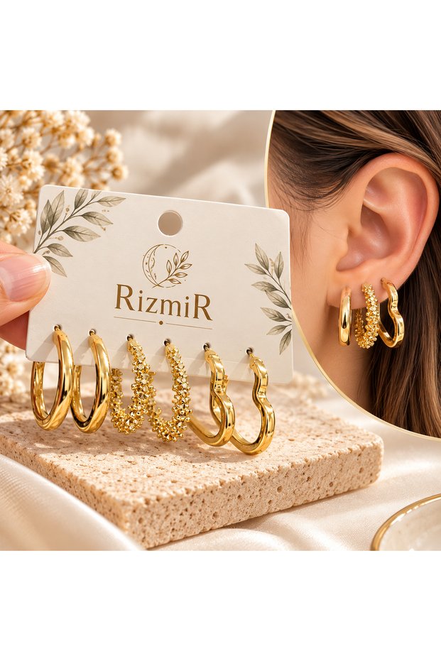 Gold 3-Piece Hoop Earring Set Women's Earrings