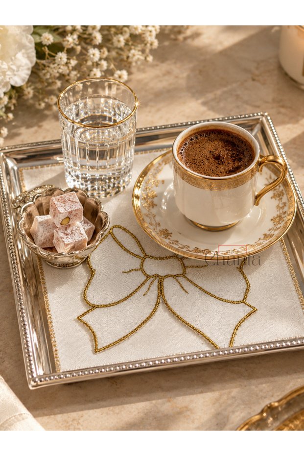Gold Sim Embroidered Bow Patterned Linen Cocktail Napkin 15X16 cm Stylish Coffee Presentation Napkin 1 Piece
