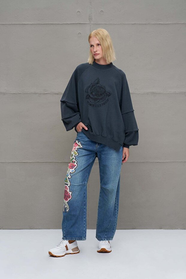Anthracite Floral Patterned Oversize Sweatshirt 18156