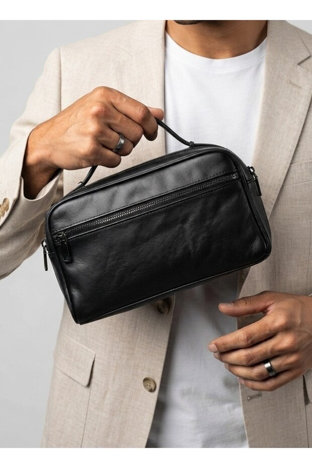 Genuine Leather Black Men's Handbag and Shaving Bag (Three Features in One Bag)