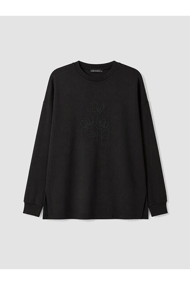 Özmarka New Season Black Embroidered Soft Touch Women's Sweatshirt Tunic