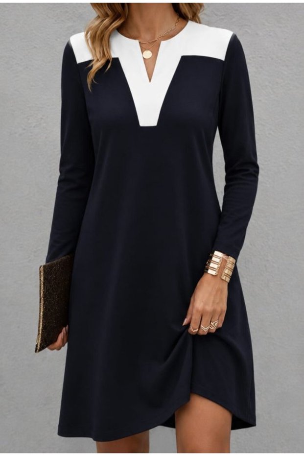 Women's long sleeve v-neck two-tone viscose knit mini dress