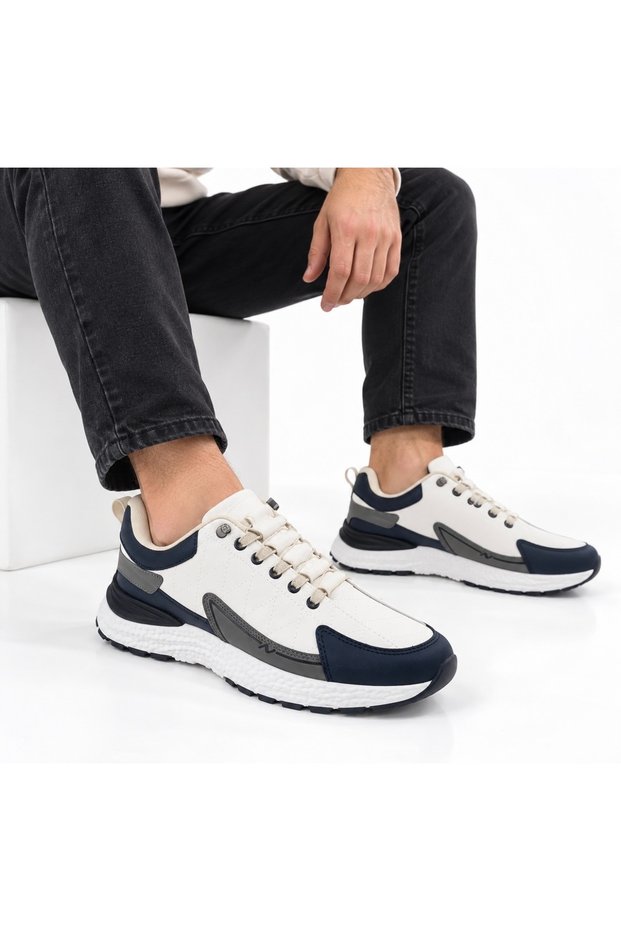 Nk Alvaro Men's Beige Navy Blue Memory Orthopedic Insoles Daily Sneaker Walking Rubber Laced Sports Shoes