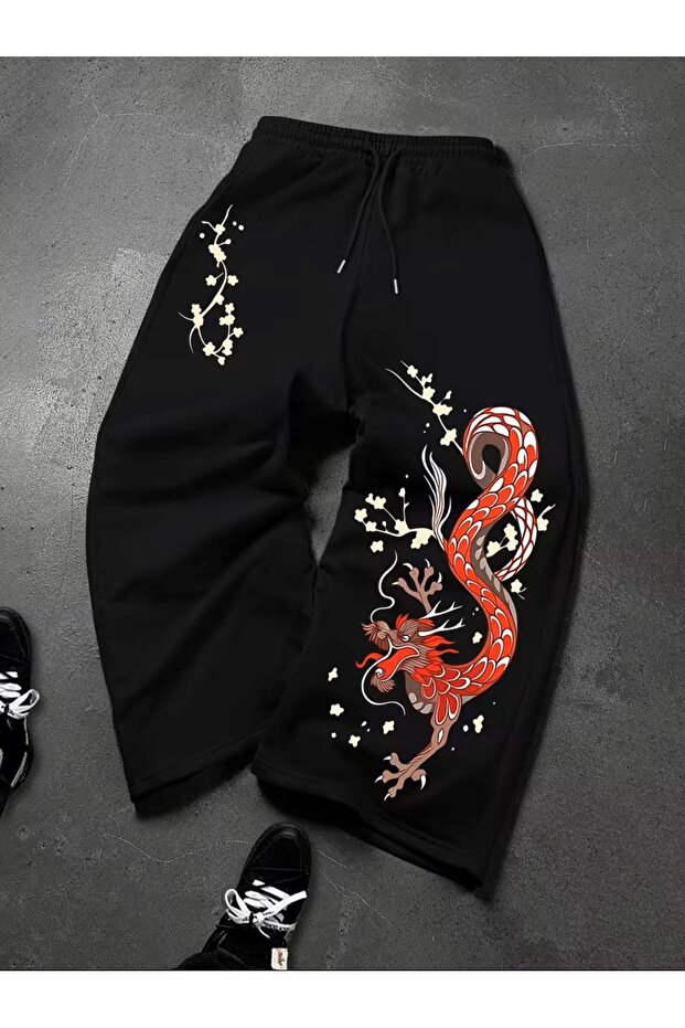 Street Fashion 3 Threaded Wide Leg Printed Sweatpants Alt