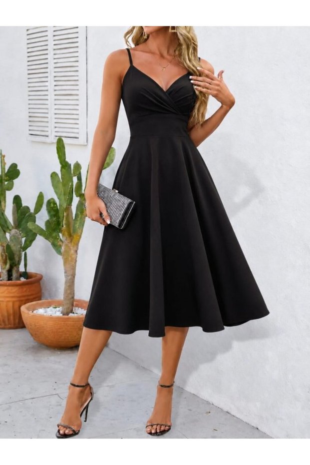 Women's Black Rope Strap Double Breasted Collared Midi Janjan Crepe Dress