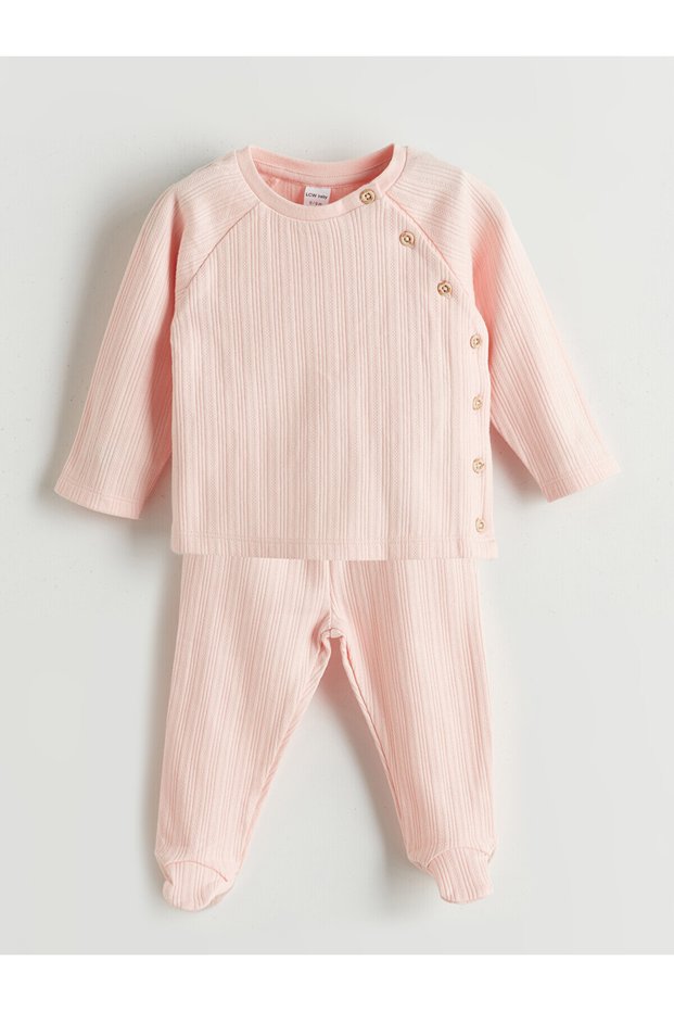 Alita City Farkıyla Lcw Baby Pink Oval Collar Baby Girl Cardigan and Pants 2-Piece Set