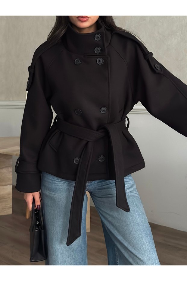 Buttoned Stand Collar Cashmere Coat