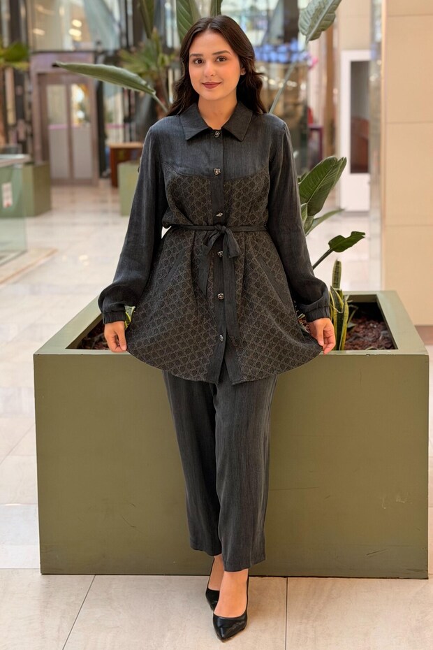 Fuat Gürşen Self-Patterned Glitter Drawstring Cupra Shirt and Trousers Set