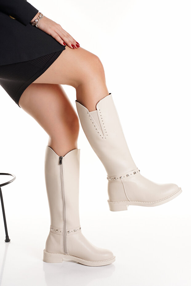 Women's Ten Trok Detailed Boots - Below the Knee Boots with Belt Detail and Flexible Elastic on the Leg