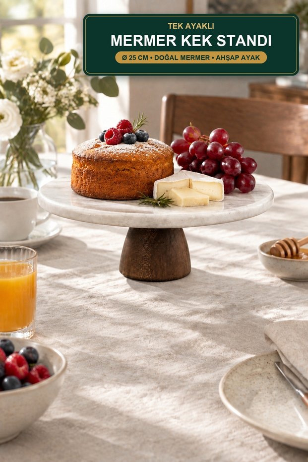 Natural Marble Cake Stand 25 cm Round Presentation Stand with Single Wooden Leg Cake Stand
