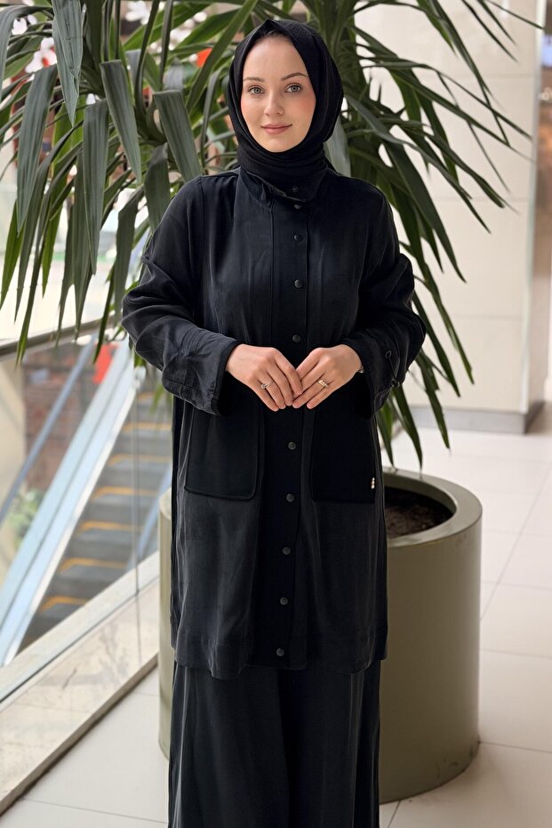 Missdalida Drawstring Sleeve Detailed Long Jacket Cap