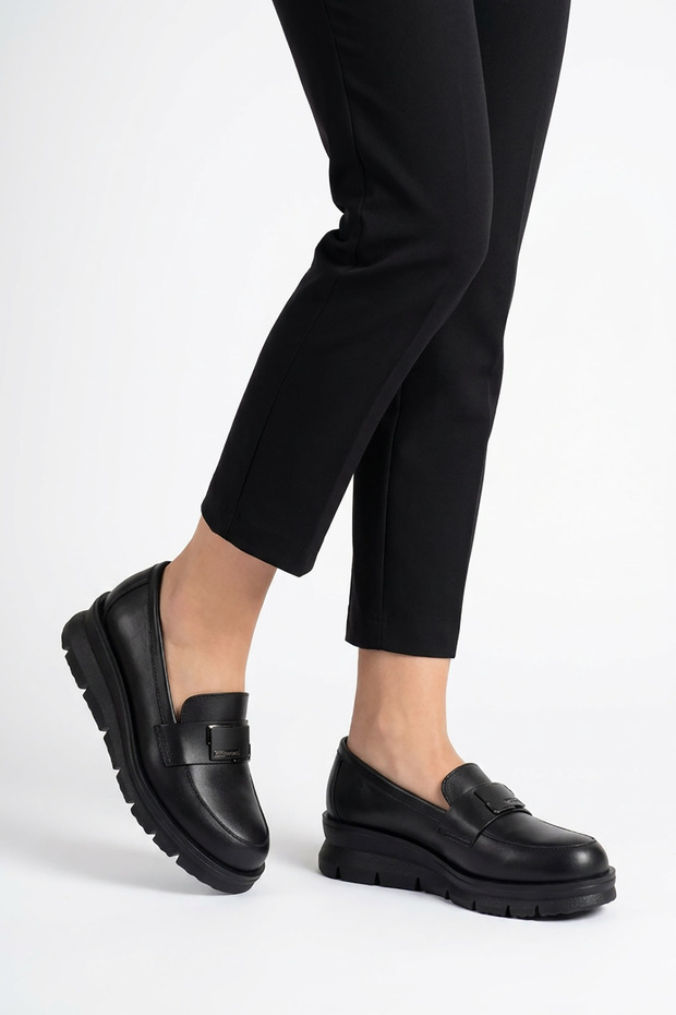 Popel Belt Buckle Genuine Leather Women's Shoes Ballet Flats Black Skin