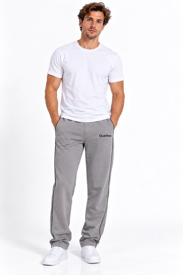 Men's Comfortable Fit Side Double Ribbed Combed Cotton Sweatpants with Zipper Pocket, Straight Leg, Blue, Navy Blue, Black, Burgundy, Khaki, Gray