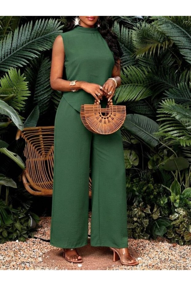 Women's Green Sleeveless High-Neck Crinkle Crepe Fabric Two-Piece Set with Wide-Leg Pants