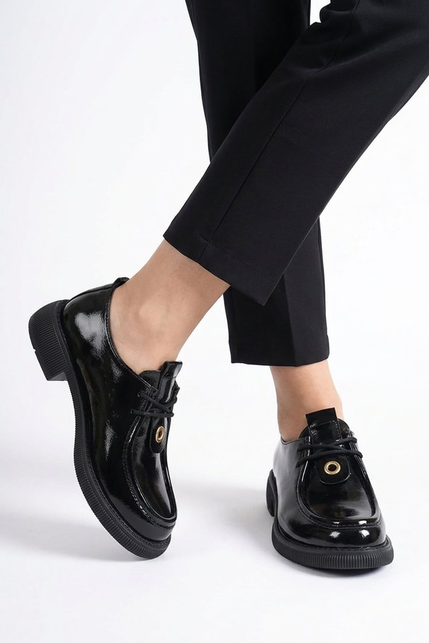 Komes Front Buckle Detailed Rubber Sole Women's Genuine Leather Shoes Black Patent Leather