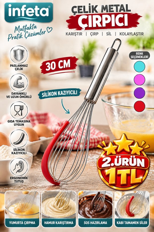 30 cm Colorful Silicone Scraper with Chrome Handle Steel Metal Kitchen Whisk