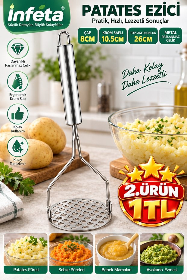 8 cm Round Metal Potato Masher 26 cm Chrome Handle Puree Maker Vegetable Masher