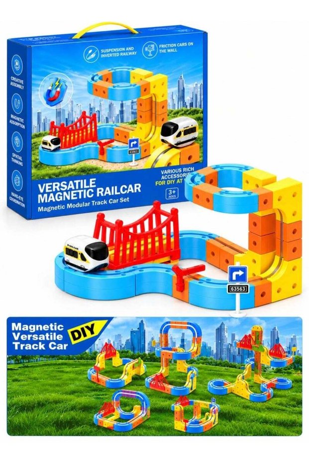 80 Pieces Electric Train Set Toy for Boys and Girls Cube Track Magnetic Block with Gift 3D Train Flexible Car Racing Track