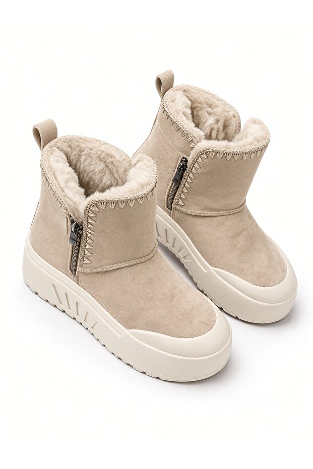 Women's Double Zippered Dense Fur Suede Ankle Boots-Beige