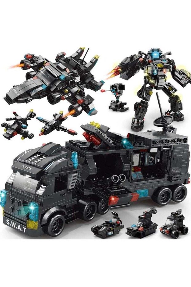 City Police Station Building Kit, Building Block Robot 27 in1 SWAT Police Command Truck Building Kit for Kids City Helicopter Bricks Kit Educational Toys