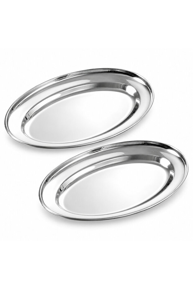 Stainless Steel Deep Oval Serving Tray 528.88*15%0cm, Stackable Food Serving Platters, Dishwasher Safe, Silver, Set of 2