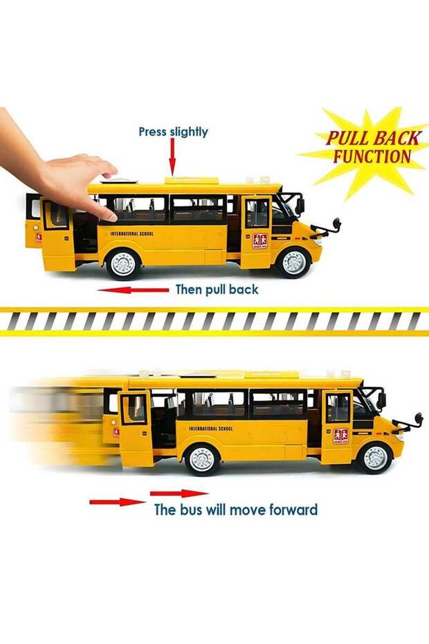 School Bus Toy, Die Cast Pull Back 9'' Model Cars, with Lights & Sounds, Openable Doors
