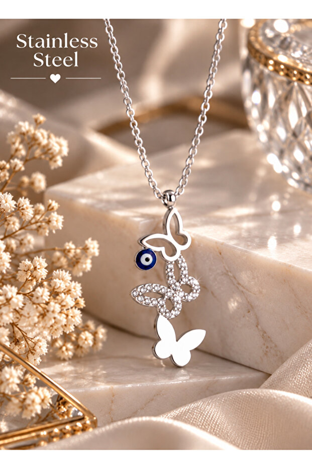 Silver Color Three Butterfly Model Steel Necklace with Evil Eye Beads and Zircon Stones