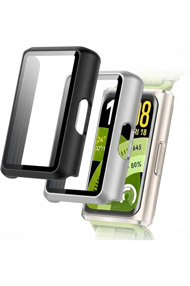 Full Coverage Case with Screen Protector Compatible with Huawei Band 11 Pro, PC & Tempered Glass Protective Case Cover, Scratch Resistant Smart Watch Accessories -Matte Black/Matte Silver