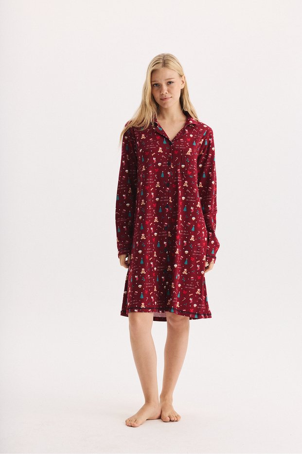 Cotton Fabric Long Sleeve Front Buttoned Patterned Nightgown 27603