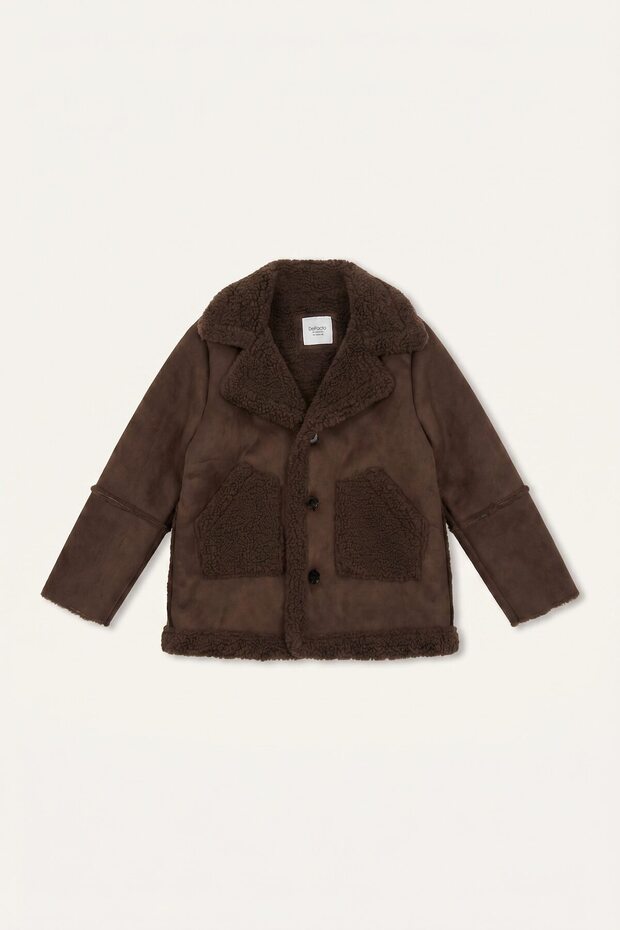 Plush Detailed Suede Look V-Neck Coat for Baby Girl H2649A526Wn