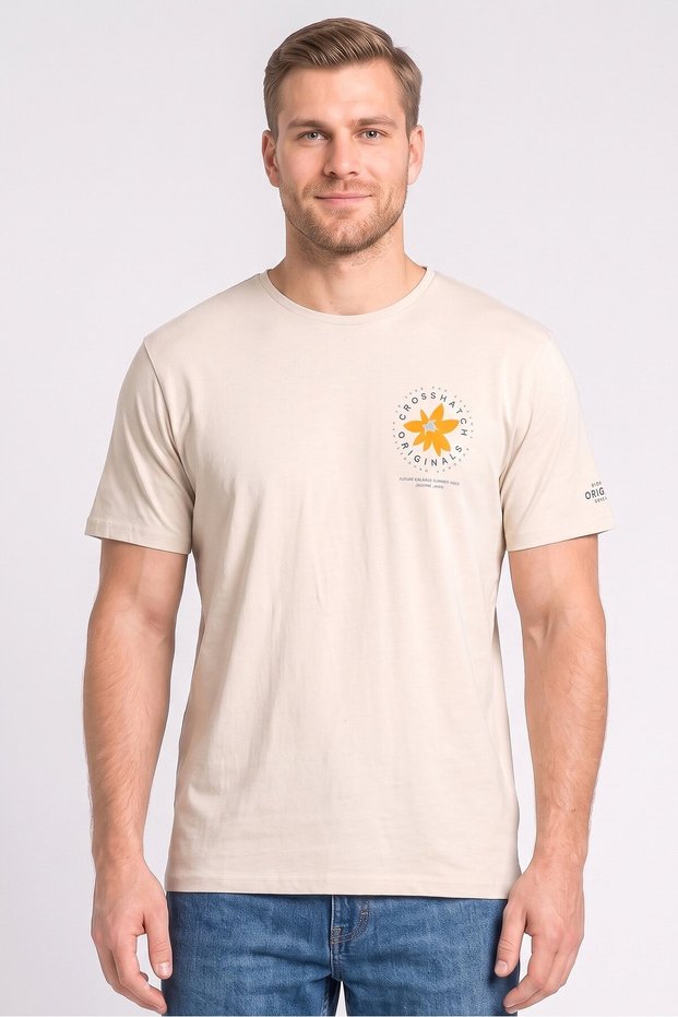 Men Crew Neck Short Sleeve Graphic Print T-Shirt, Light Stone